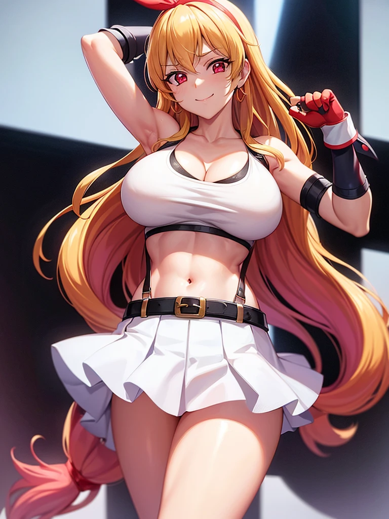 a sexy women with short white hair posing for a painting with fists up,1girl,gloves,long hair,skirt,jewelry,_breasts,solo,crop top,earrings,navel,fingerless gloves,suspenders,smile,tifa lockhart,looking at viewer,midriff,collarbone,thighhighs,(_large_breasts),simple background,bare shoulders,white background,cleavage,stomach,black hot Pants,low-tied long hair,taut clothes,suspender skirt,red gloves,closed mouth,blonde hair,belt,hot Pants,armpits,zettai ryouiki,bangs,(red ribbon on hairband:1.2),Ichigo Hoshimiya (Aikatsu!),tifa ff7