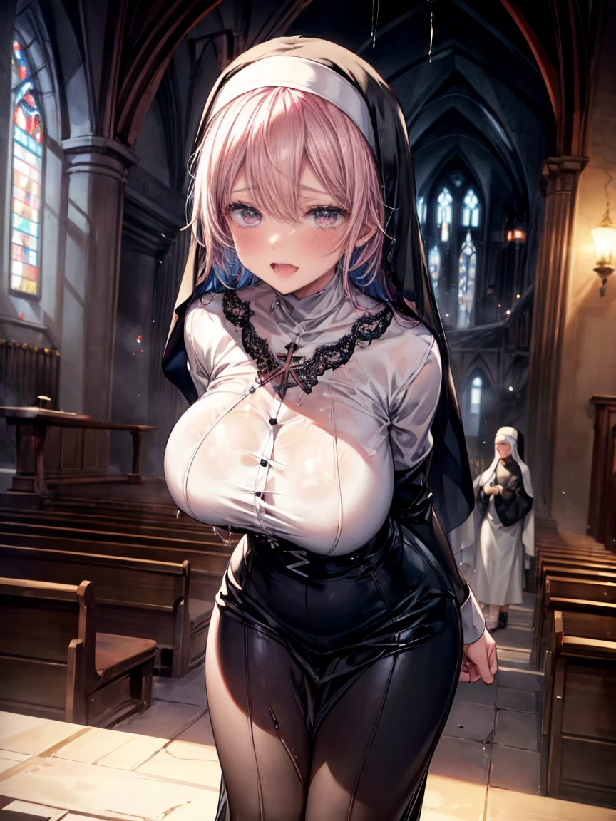 (mature woman),(nun),((intense orgasm:1.2)),(tears:1.2),(Sweat:1.3),((at the church:1.1)),(button-down,wearing lace shirt),((Squint eyes:1.3)),(embarrassing,blush:1.2),((grabs breasts:1.1)),(Latex clothing:0.8),(huge breasts:1.0),masterpiece,highest quality,very detailed, dynamic angle,((perfect hands)),detailed shiny skin,fine eyes),amazing background,meaningful background,absurd background,artistic overlay, and colorful hair.The style is surrealism,cinematic lighting,ray tracing,sacred light,(Cross-leg:1.0)