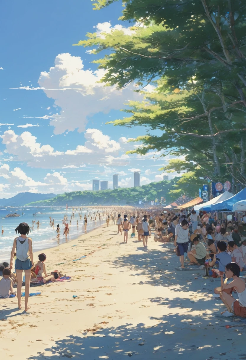 Summer festival beach, Festival atmosphere, by Makoto Shinkai, Anime Realism, Highest quality, masterpiece, 8K, Representative works, Official Art, Professional, Super intricate details