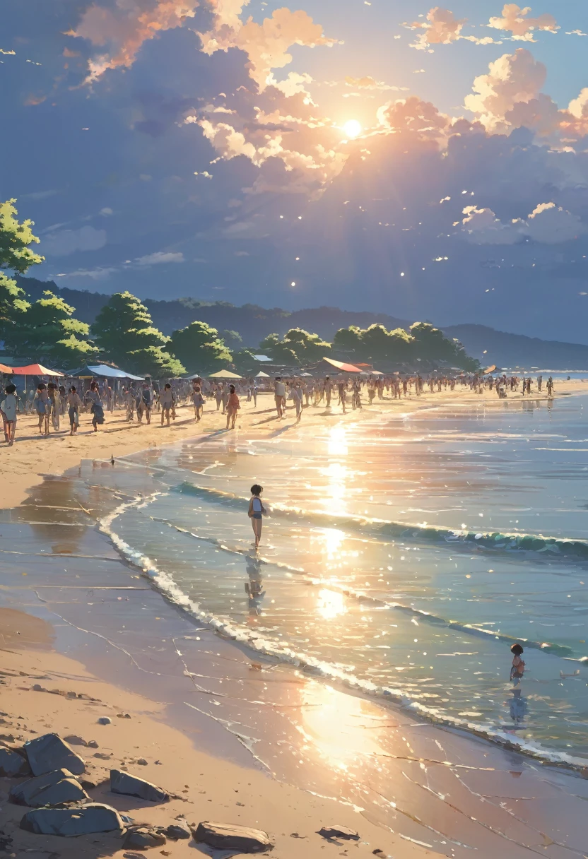 Summer festival beach, Festival atmosphere, by Makoto Shinkai, Anime Realism, Highest quality, masterpiece, 8K, Representative works, Official Art, Professional, Super intricate details