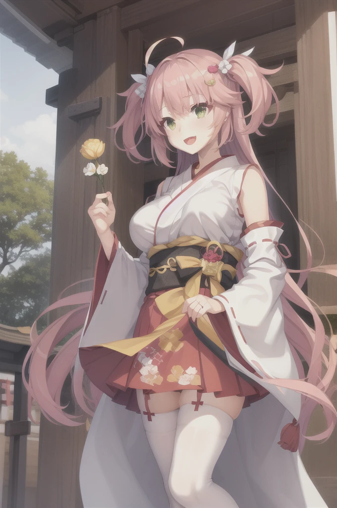 female high-school student，shrine maiden clothe，Long legs，A pink-haired，half squatting ，Cherry blossoms in the background，clogs，Bare chest，hyper HD，Highest high resolution，huge tit