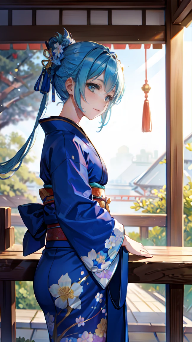 Blue kimono, kimono, New Year&#39;s flower, hair accessory, smile, smile 
