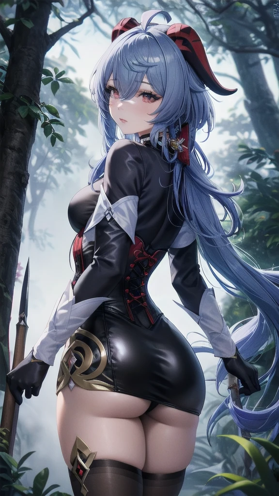 Masterpiece, Beautiful art, professional artist, 8k, sleeping expression, very detailed face, Detailed clothing, detailed fabric, 1 girl, Hiring, (genshin impact), view from behind, perfect ass, standing, perfectly drawn body, pale skin, shy expression, beautiful face, agregar cuernos de Hiring en la cabeza, Long sky blue hair, 4k eyes, very detailed eyes, pink cheeks, choker:1.6, (white long sleeve button down shirt with white collar), black gloves, gloves that cover hands, (holds an ax with his right hand), (black leather corset), (shiny black tight mini skirt), Sensual Lips, show details in the eyes, dark forest, at night, Atmosphere, fog