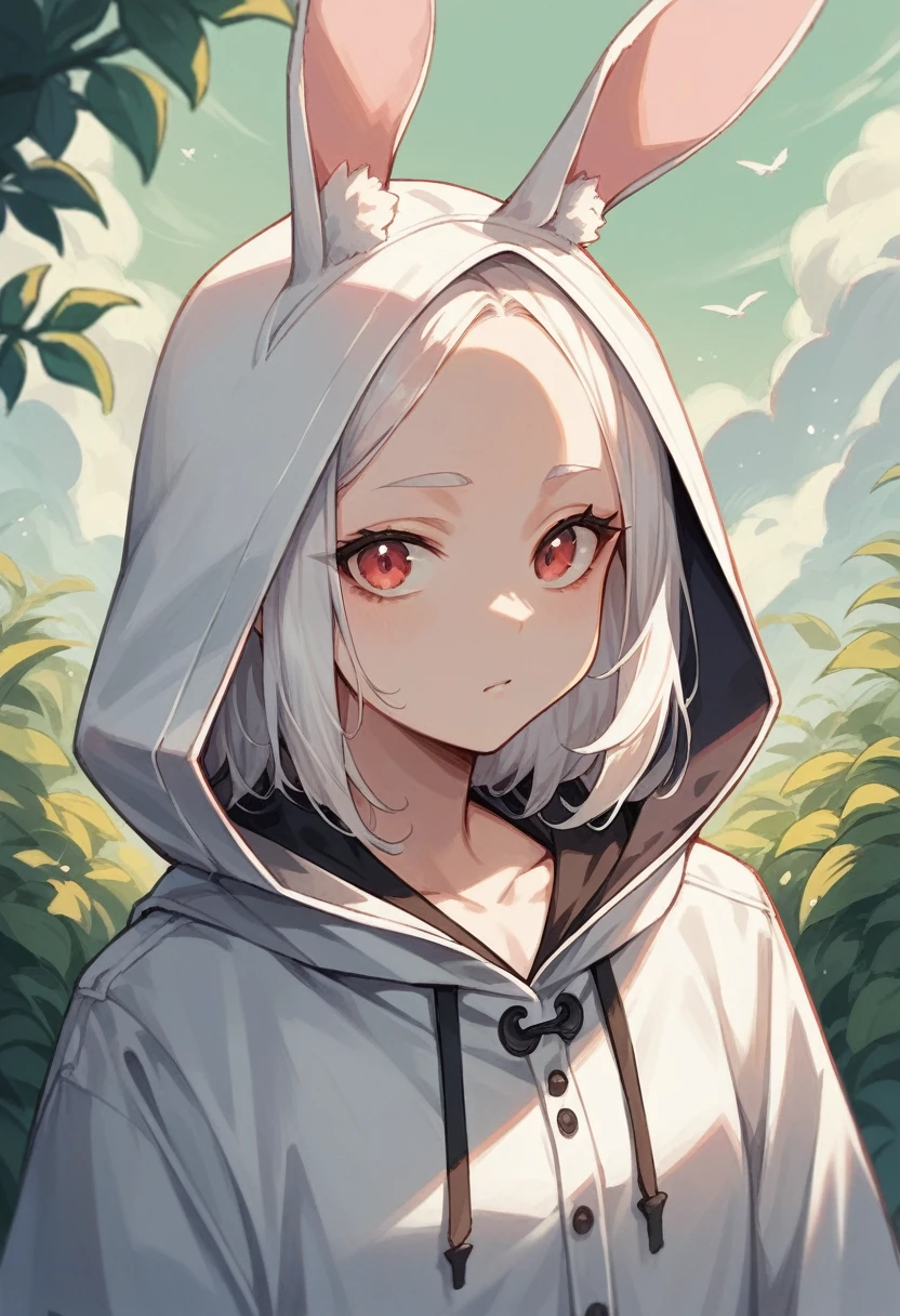 Girl , hooded girl with bunny ears, bunny ears on the hood, White hair without bangs (open forehead)