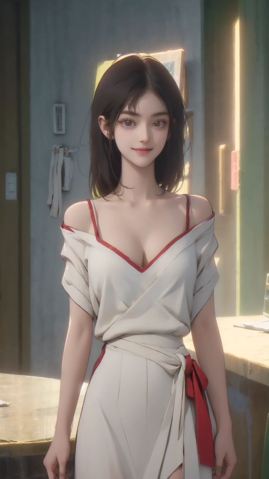 best quality,High target,detailed,masterpiece,ultra-detailed,illustration,Upper Body, Saggy big cleavage,Showing thighs,Waist,Off-shoulder,Charming maiden,Smile,Time Man-Qiao Ling