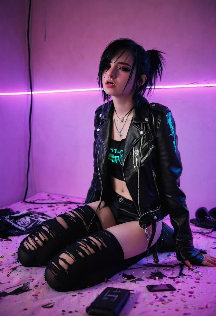 goth girl caucasian, , seduce, neon bedroom, wrecked, tears, kneeling, cute, leather jacket