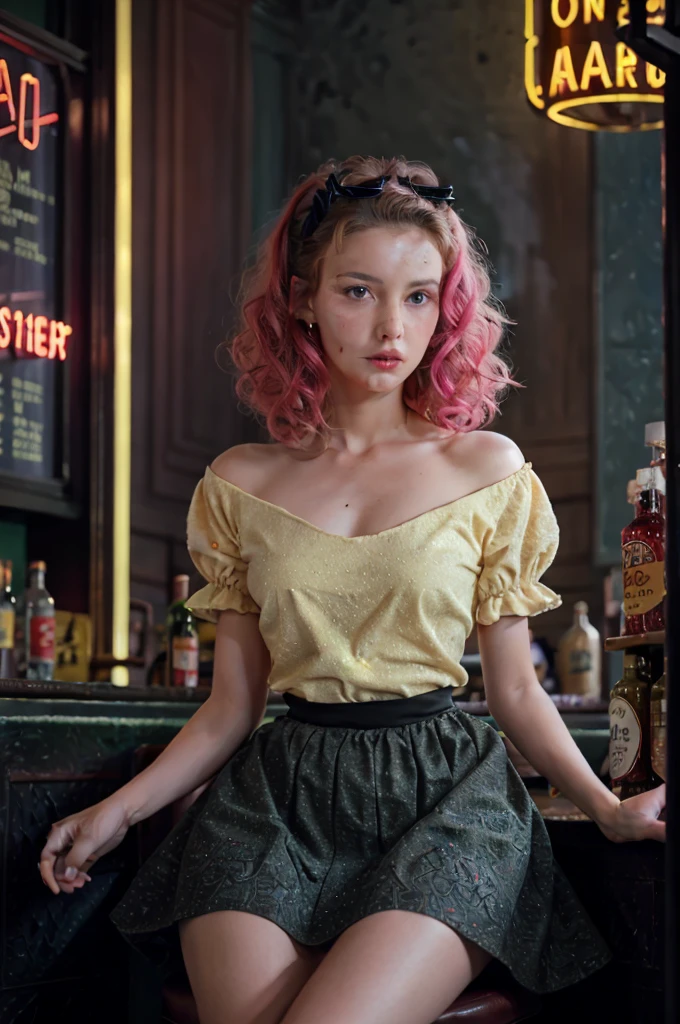 women dressed in 1950s-inspired dress, perfectly detailed beautiful face, half body, make-up, a full skirt and petticoat, hair styled in classic pin curls, seated at an old-fashioned diner, surrounded by vintage details, bar counter, dinamyc pose, neon signs, film grain, dramatic lighting, bright vivid gradient colors, nostalgic background, soft focus, moviestar, detailed, movie-inspired scene, cinema lights, looking at viewer, vintage fashion photography, modern, award - winning photograph, masterpiece, intricate details, 8k texture, rich texture details, extremely detailed, ultra high quality model, trending on artstation, trending on 500px, ray tracing, hdr, global illumination