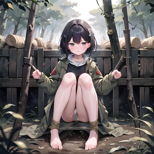female soldier、The woman is glaring、crowd、Dirty underwear、Hands tied、in the forest、Pee on yourself、