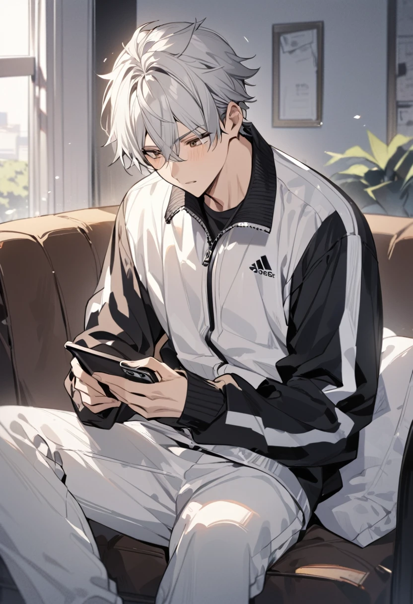 Detailed, masterpiece, 1 boy, anime boy, Athletic young man, very tall around 190cm, with silver hair and brown eyes, sitting and playing on his phone, wearing a black and white tracksuit, relaxed and lazy demeanor, bored and detached expression.