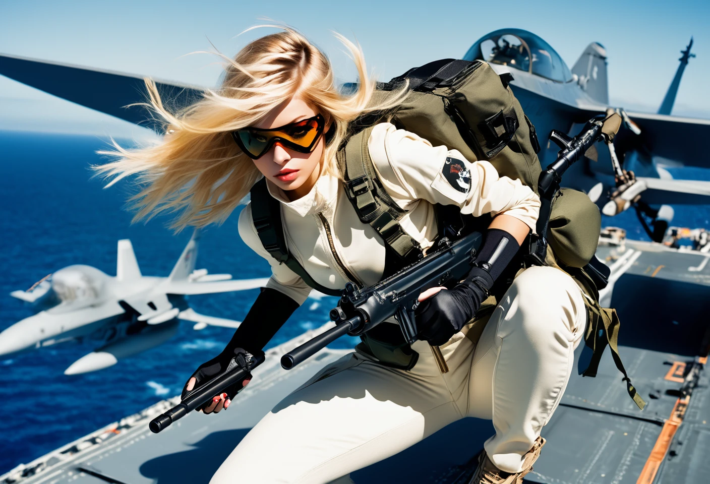 Photo of a female flier, hand glider, dark eye protection, flying over a aircraft carrier, guns mounted on glider, flight suit, blonde hair, holding gun. Style by Masamune Shirow. Canon 5d Mark 4, Kodak Ektar, 35mm, raw file