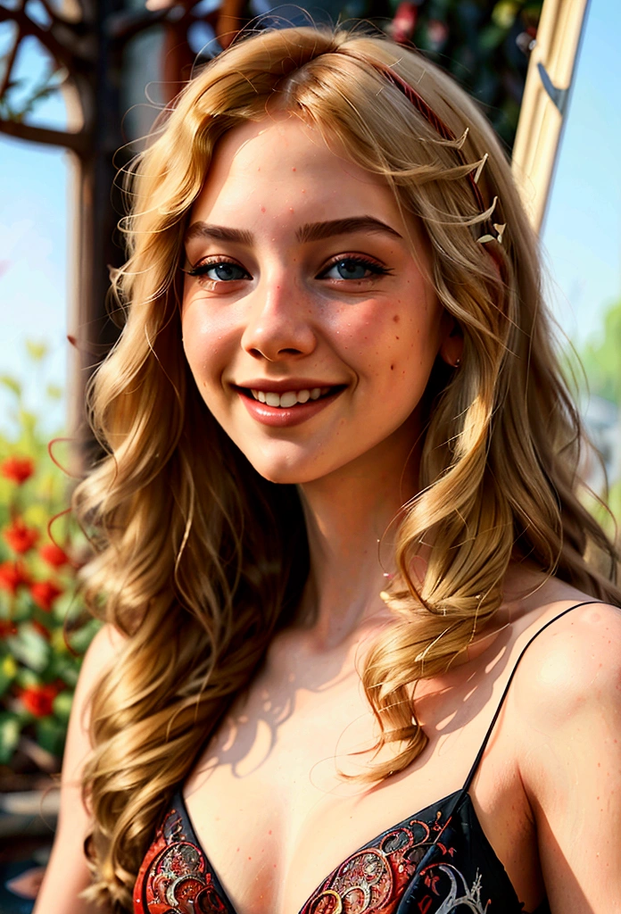 a beautiful young woman with long blonde hair, smiling, sunlight glowing red around her, (digital painting, concept art, smooth, sharp focus, intricate details, highly detailed, masterpiece:1.2)