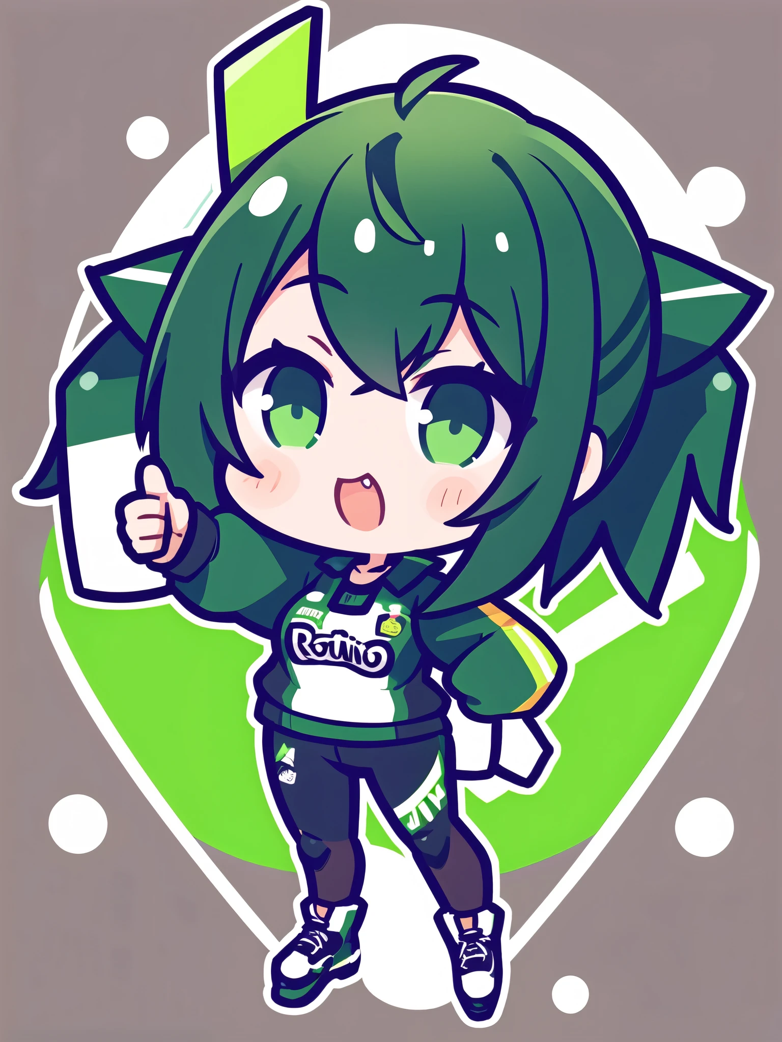 Logo of a girl with short black and green hair from a car customization company called Infortunio, wearing racing clothes and giving a thumbs up, alone and solitary.