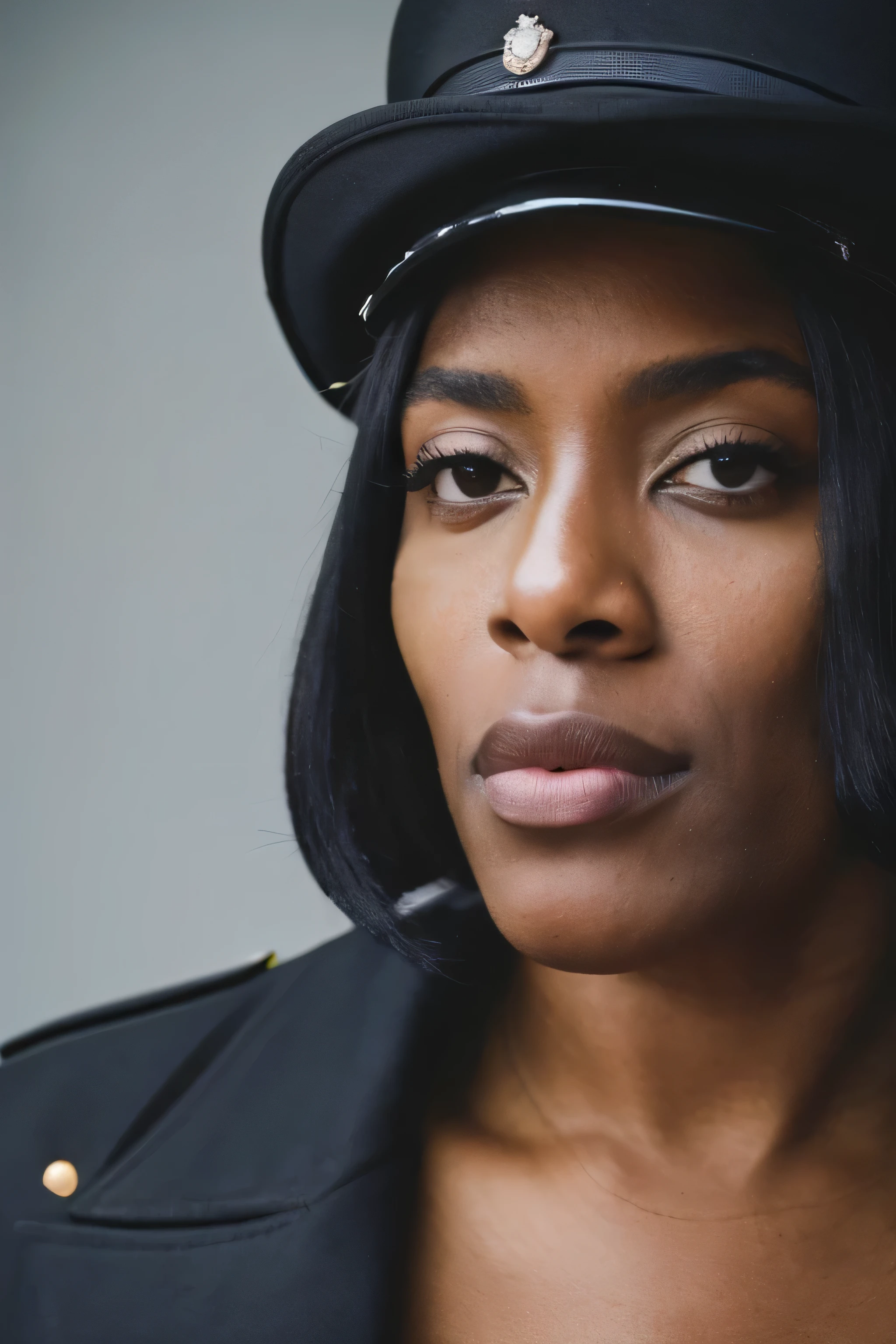 a close-up of a woman wearing a police hat and a black jacket, a black dieselpunk policewoman, photo of a black woman, close do rosto, retrato em close - up, close the portrait, portrait of a female soldier, medium close the portrait, retrato em close, woman&#39;s face looking away from the camera, close up of the head, close the portrait shot