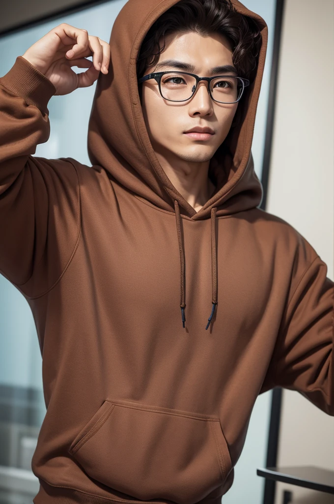 Portuguese and Asian appearance, Cao Cao,  wear glasses,  BROWN COLOR , lean muscular body, curly hair,  blue eyes,  Nerd , adolescent, wear a hood on your sweatshirt 