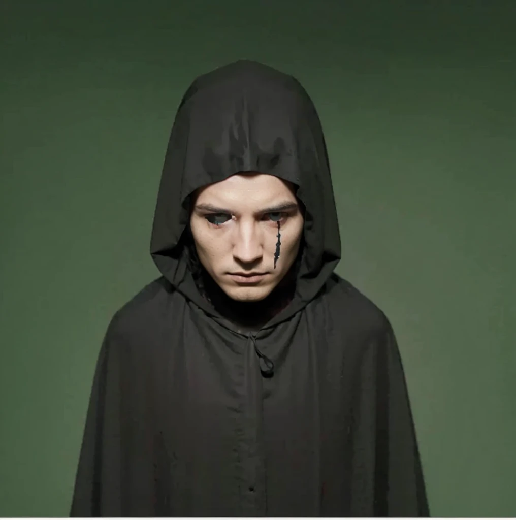 a medieval man wearing a black cloak, mask, medieval clothing, detailed mask , dramatic lighting, cinematic, dark fantasy, moody atmosphere, chiaroscuro , white mask , black blood under the eye
