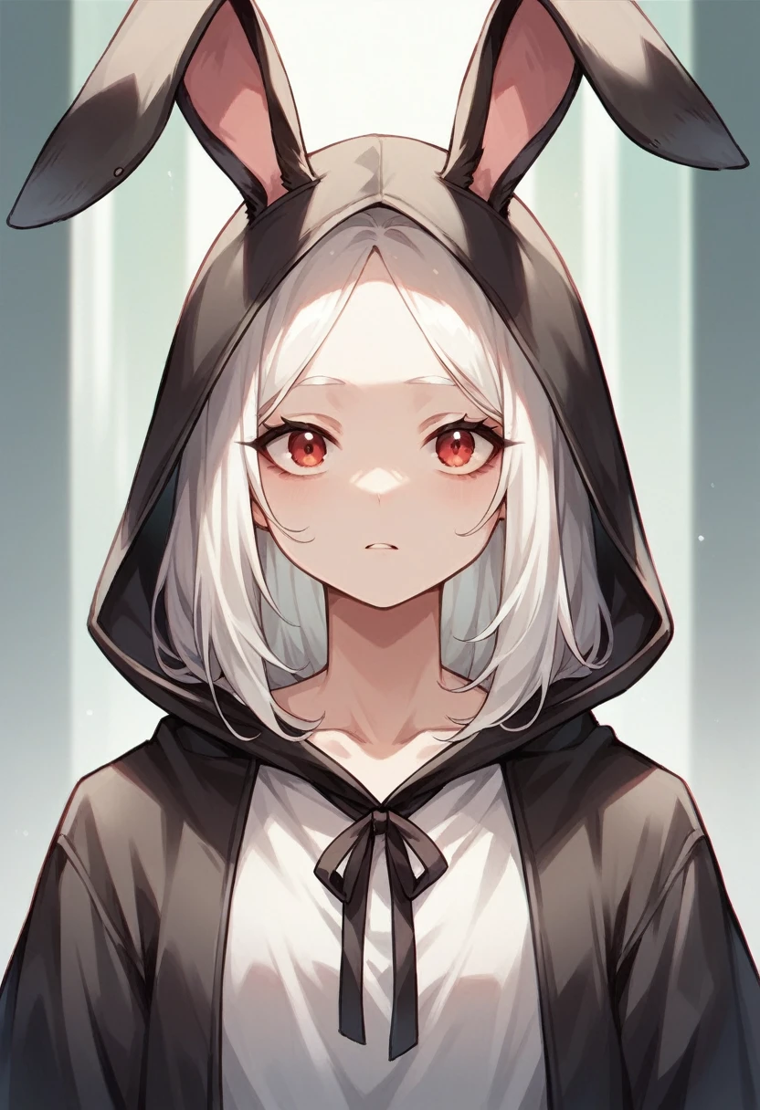 Girl 16 years old, hooded girl with bunny ears, bunny ears on the hood, White hair without bangs (open forehead)