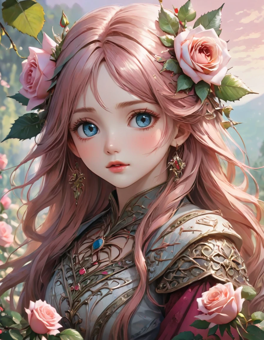 {({(rose themed:1.5)} beautiful girl, long hair, light colored eyes, delicate, calm demeanor, {beautifuly dressed with intricate thorn details}, ({watercolored styled} impressionist masterpiece:1.5), (best quality:1.5), ((UHD:1.5)), (detailed face, detailed eyes, detailed mouth, detailed body, detailed hands, detailed clothes, detailed background, detailed scenery:1.5), (aesthetic + beautiful + harmonic:1.5), ({symmetrical intricate thorns details + sharpen symmetrical thorns details}:1.5)