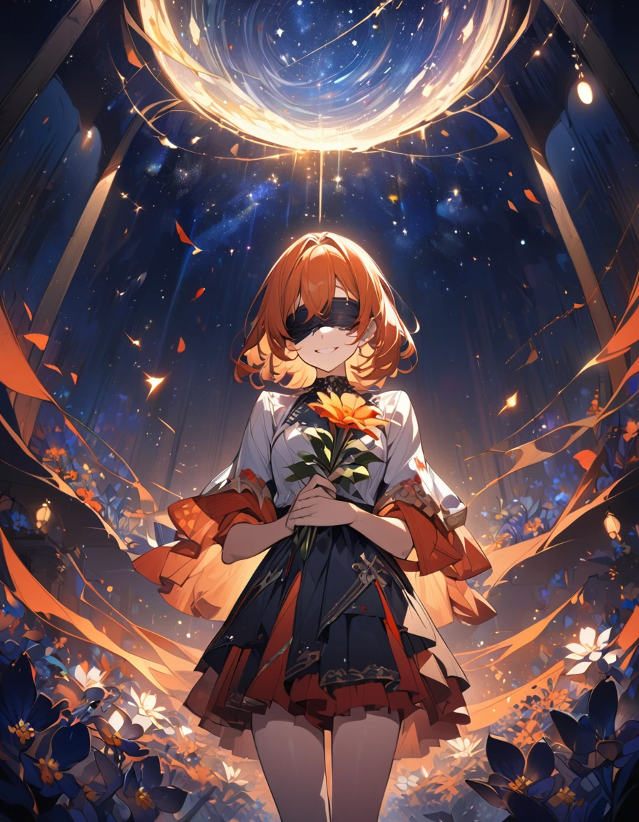 beautiful anime girl with orange hair, blindfolded, smiling, holding a flower, starry night sky, blood on hands, intricate details, masterpiece,, lighting, vibrant colors, digital art,,,