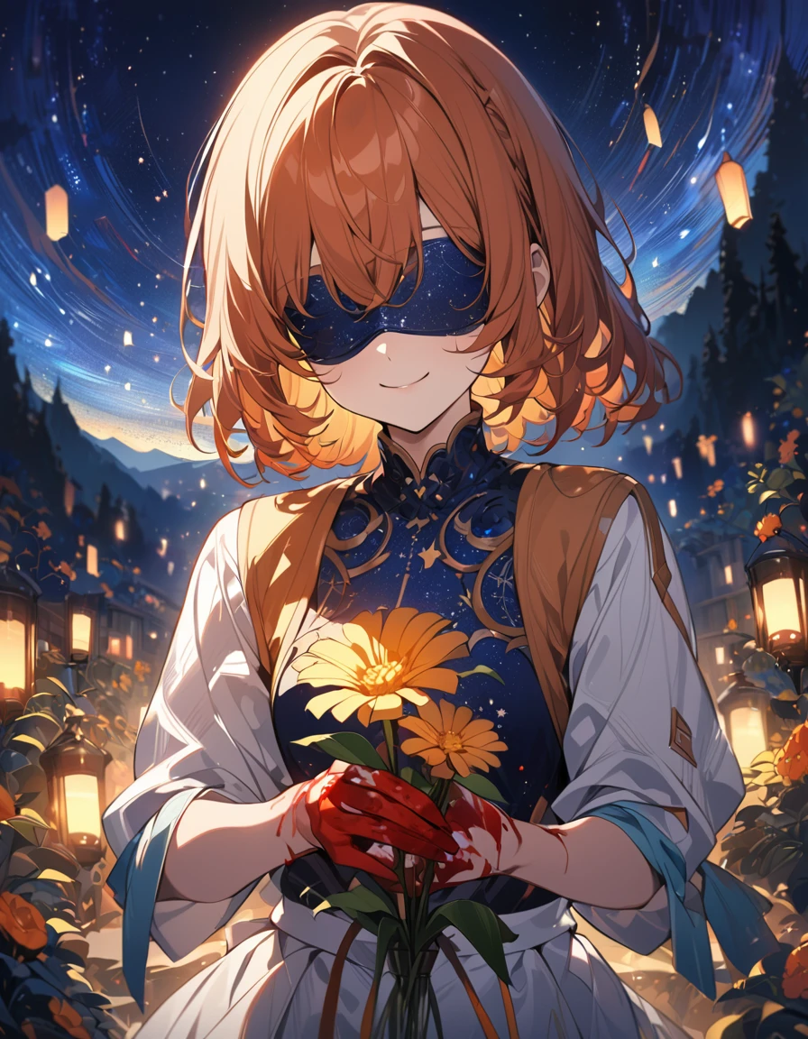 beautiful anime girl with orange hair, blindfolded, smiling, holding a flower, starry night sky, blood on hands, intricate details, masterpiece,, lighting, vibrant colors, digital art,,,