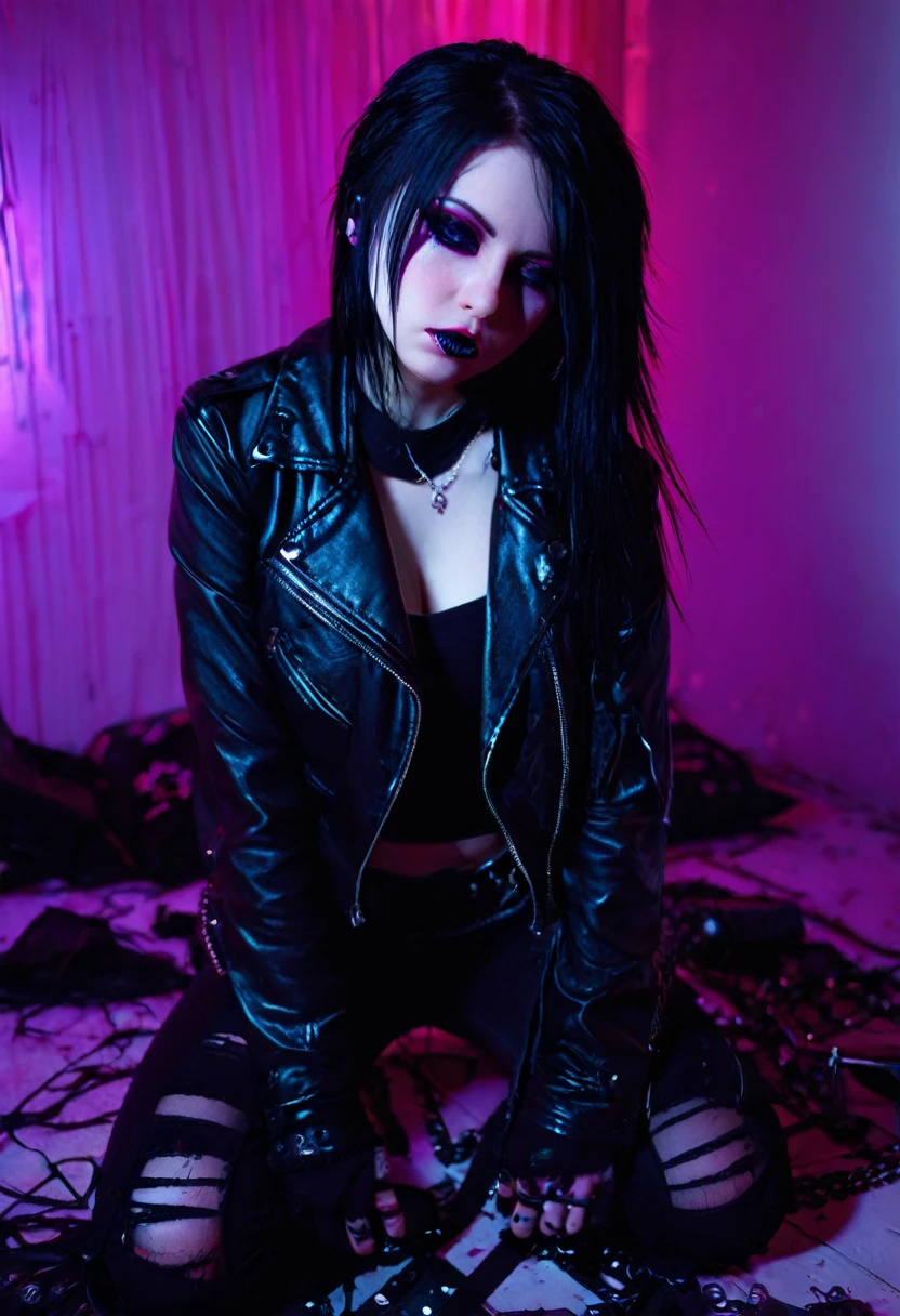 goth girl caucasian, , seduce, neon bedroom, wrecked, tears, kneeling, cute, leather jacket