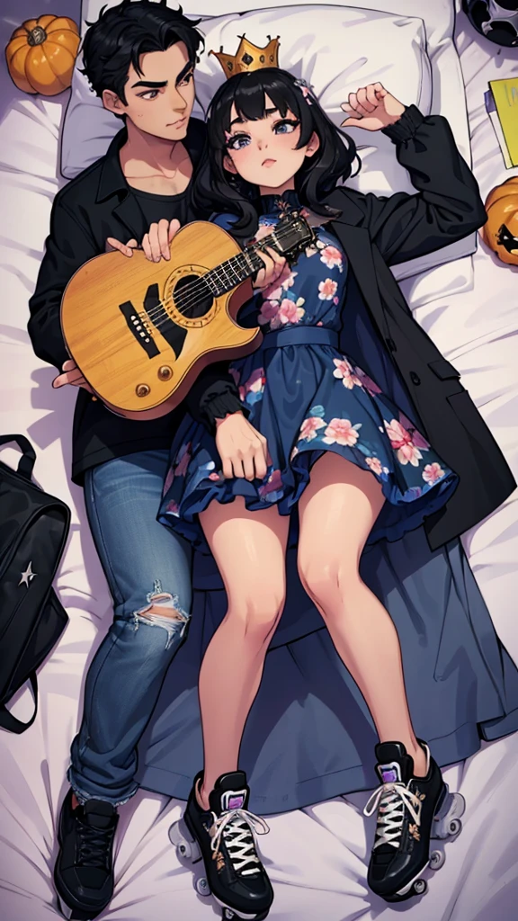 She was unique, teenager energetic black eyes Dressed for an important date,She wears a floral print dress a plastic crown like Cinderella And roller skates lying on the bed.
He looks like a star with a coat like the little prince, black hair and eyes, brunette skin, jeans and sneakers.
With your plastic guitar.Como no dia do Halloween.