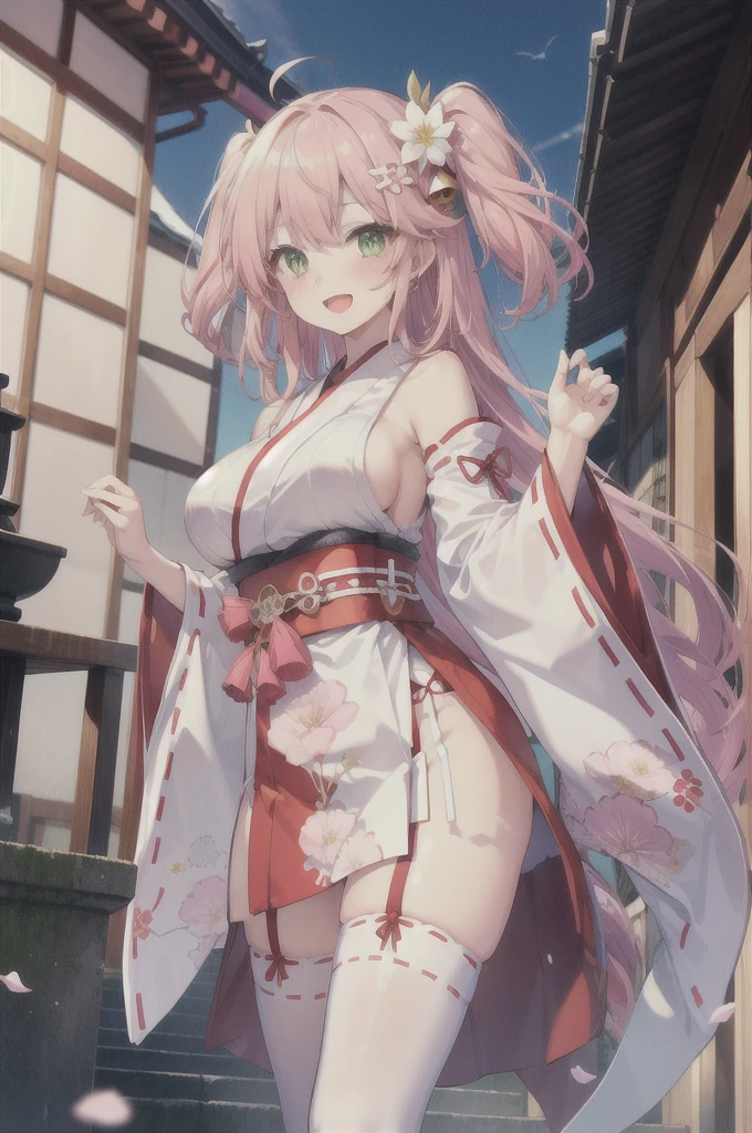 1girl, solo, best quality, miko_jp, yellow bow, japenese clothes, pink hair, green eyes, ahoge, one side up, huge breasts, wide sleeves, thighhighs, floral print, hair bell, bridal garter, detached sleeves, hair ornament, outdoors, japenese temple, smile, open mouth,