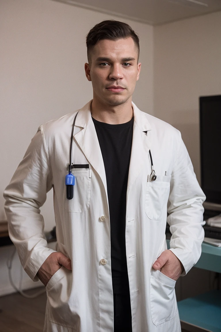 photo of handsome men , team fortress 2 medic, white lab coat, male