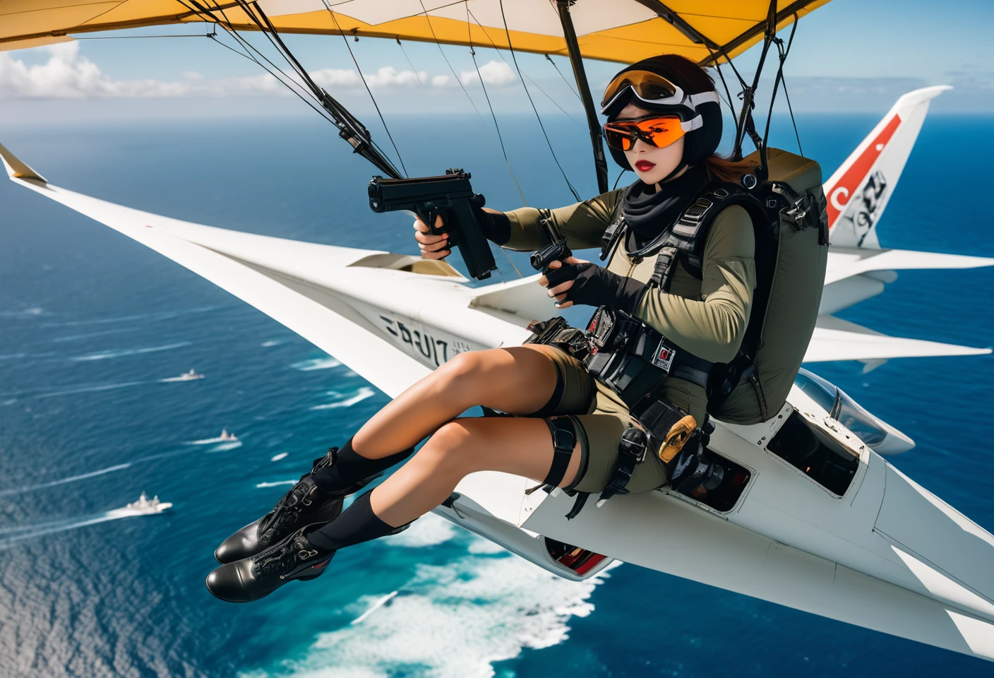 Photo of a woman flying with a hang glider, dark eye protection, flying over a aircraft carrier, guns mounted on glider, flight suit, holding gun. Style by Masamune Shirow. Canon 5d Mark 4, Kodak Ektar, 35mm, raw file