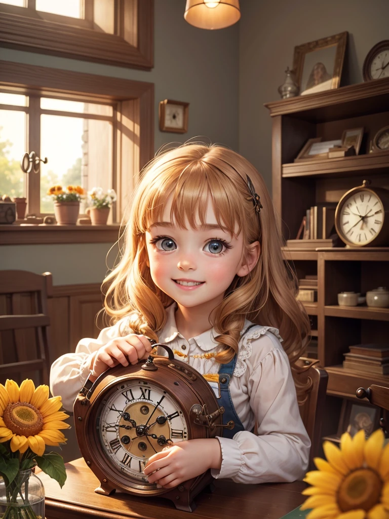 The best picture quality, detailed eyes, long eyelashes, a room with so many clocks of various shapes and sizes that they fill the walls and shelves, a very cute little five-year-old girl at a desk repairing a precision clock, chestnut hair, surprisingly very large and sparkling eyes, a friendly, bright, cute and happy smile, orange summer flowers blooming outside the window,
