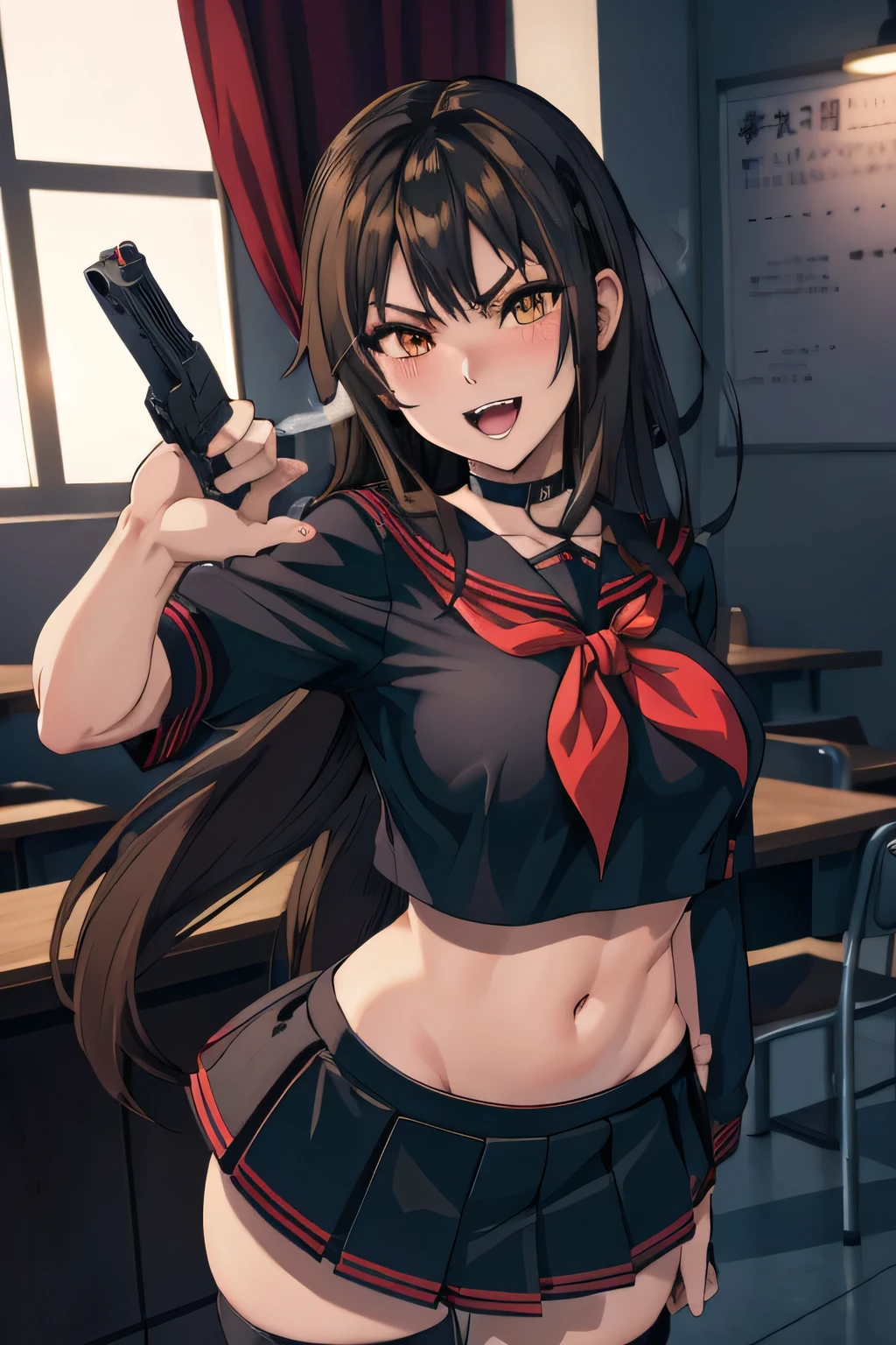 misaki, long hair, mature female, makeup, eyelashes, blush, lipstick, Hot girl, baddie, staring, glaring, bad attitude, mean girl, dare, angry, hate, crazy, smoking, sensual, attractive, masterpiece, best quality, highly detailed, a anime girls in sailor uniforms with a gun posing for a picture,
evil smile, smile, open mouth,black_serafuku, ecchi anime style, anime girls , (nsfw) not safe for work,
ecchi style, ecchi, shipgirls, digital anime art!!, high school girls, holding a gun, hold a gun, anime style 4
k, micro skirt, exposed belly, exposed navel, exposed midriff,
exposed lower belly,school, classroom,