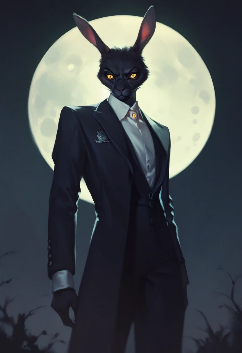 black furry bunny standing under the moonlight wearing a suit and has glowing yellow eyes , dark background, high detail, no light, woods landscape in the middle of the night, mistic, full moon, moonlight, (flat shading:1.2), (minimalist:1.4)
creepy bunny, evil