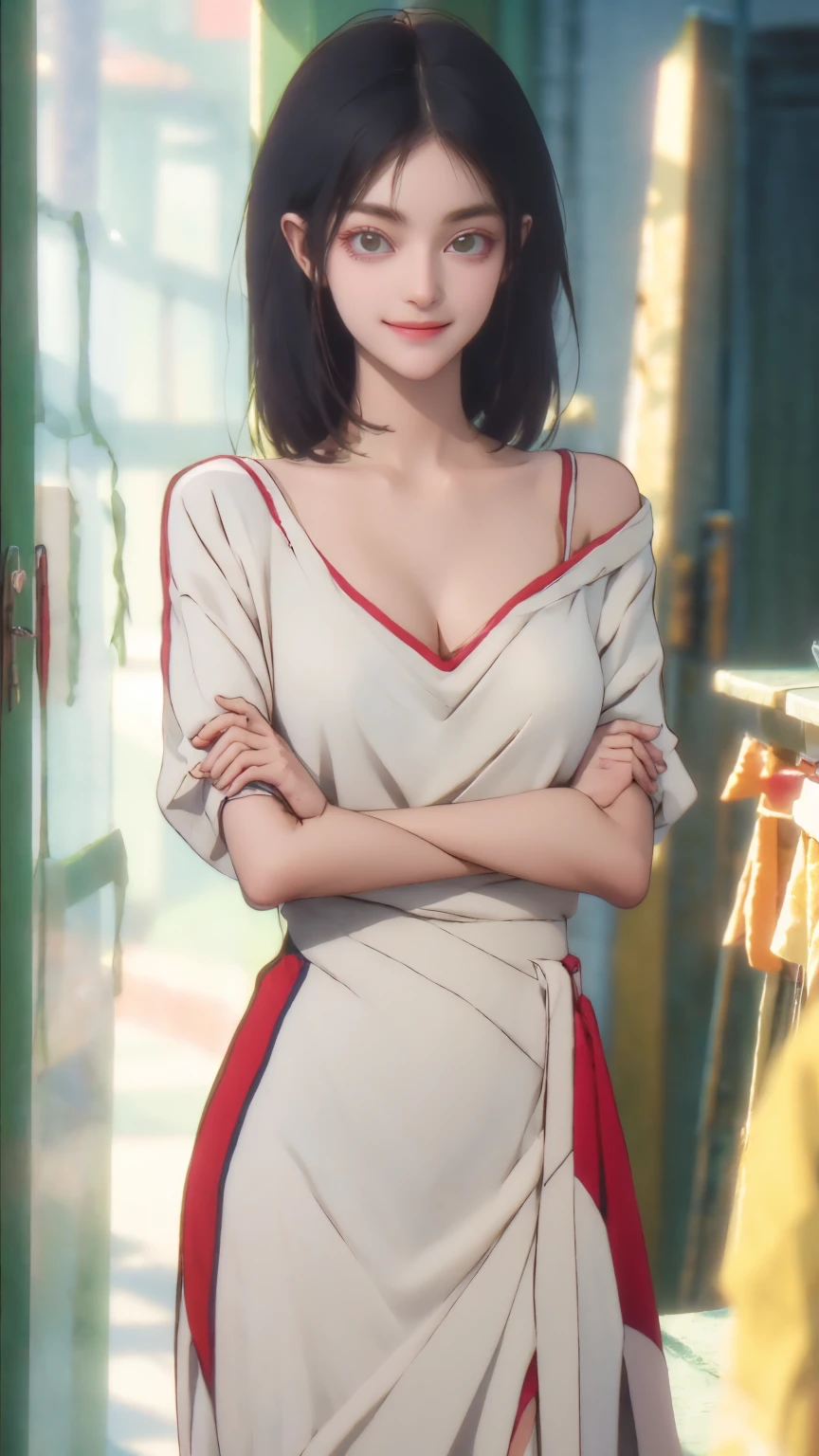 best quality,High target,detailed,masterpiece,ultra-detailed,illustration,Upper Body, 裸Upper Body,Large sagging,Cleavage,Showing thighs,Waist,Off-shoulder,Charming maiden,Smile,Time Man-Qiao Ling