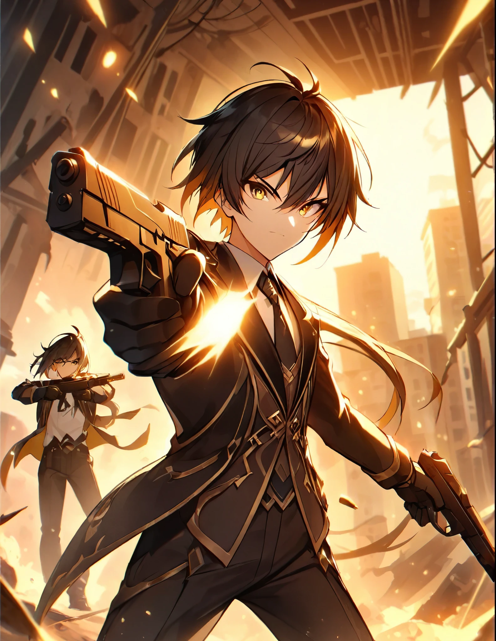 (better lighting, High contrast, sharp details), (a person:1.2+male) gangster, black suit and tie, White shirt, Black pants, polished black shoes, standing, dynamic action pose, holding two guns, Beretta 92, flash, Bullet shells, gun smoke, bullet holes, pointing at the viewer, black fur, by the chestnut, medium hair, groomed hair, 28 years, intense action, Brooklyn, high end apartment backdrop, vivid colors, high saturation, dramatic shadows.