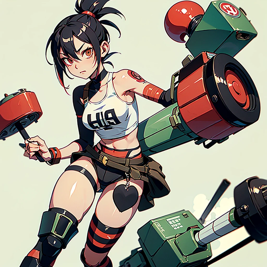 girl similar to gorillaz noodle, ((drawing)) , with a red mohawk, multiple tattoos and scars. She is wearing only underwear, striped knee-high socks, and black boots. The character is carrying a large green rocket launcher on her shoulders, with a small toy tank at her feet. She also holds a dangling pink doll in one hand. The background is a solid yellowish color with a worn and aged appearance, giving the image a retro style. a touch of humor and quirky elements."