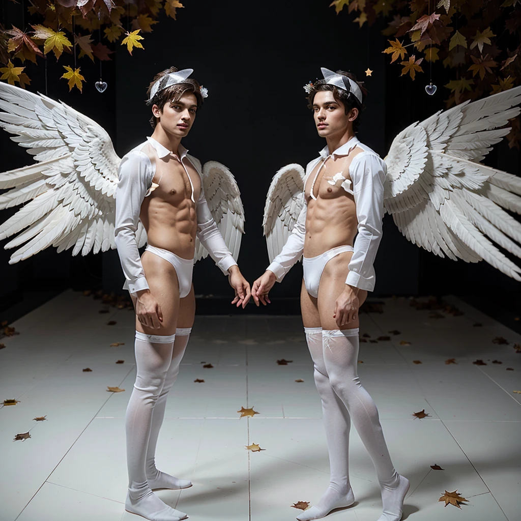 Two male angels falling from heaven, one has black wings and the other has white wings, they are wearing a transparent white velvet, they have autumn ornaments on their heads