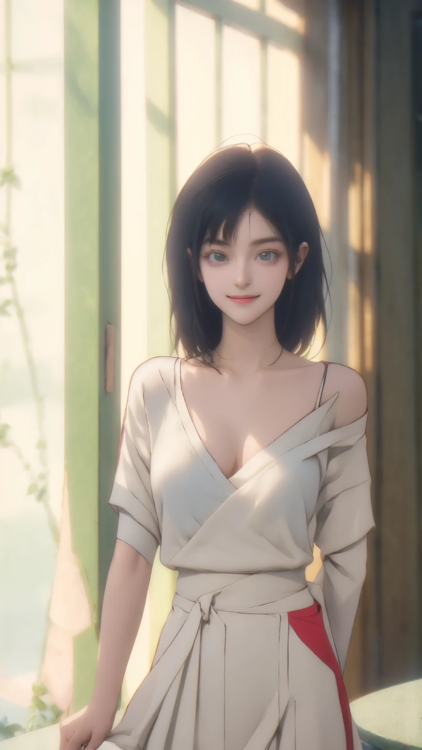 best quality,High target,detailed,masterpiece,ultra-detailed,illustration,Upper Body, 裸Upper Body,Large sagging,Cleavage,Showing thighs,Waist,Off-shoulder,Charming maiden,Smile,Time Man-Qiao Ling

