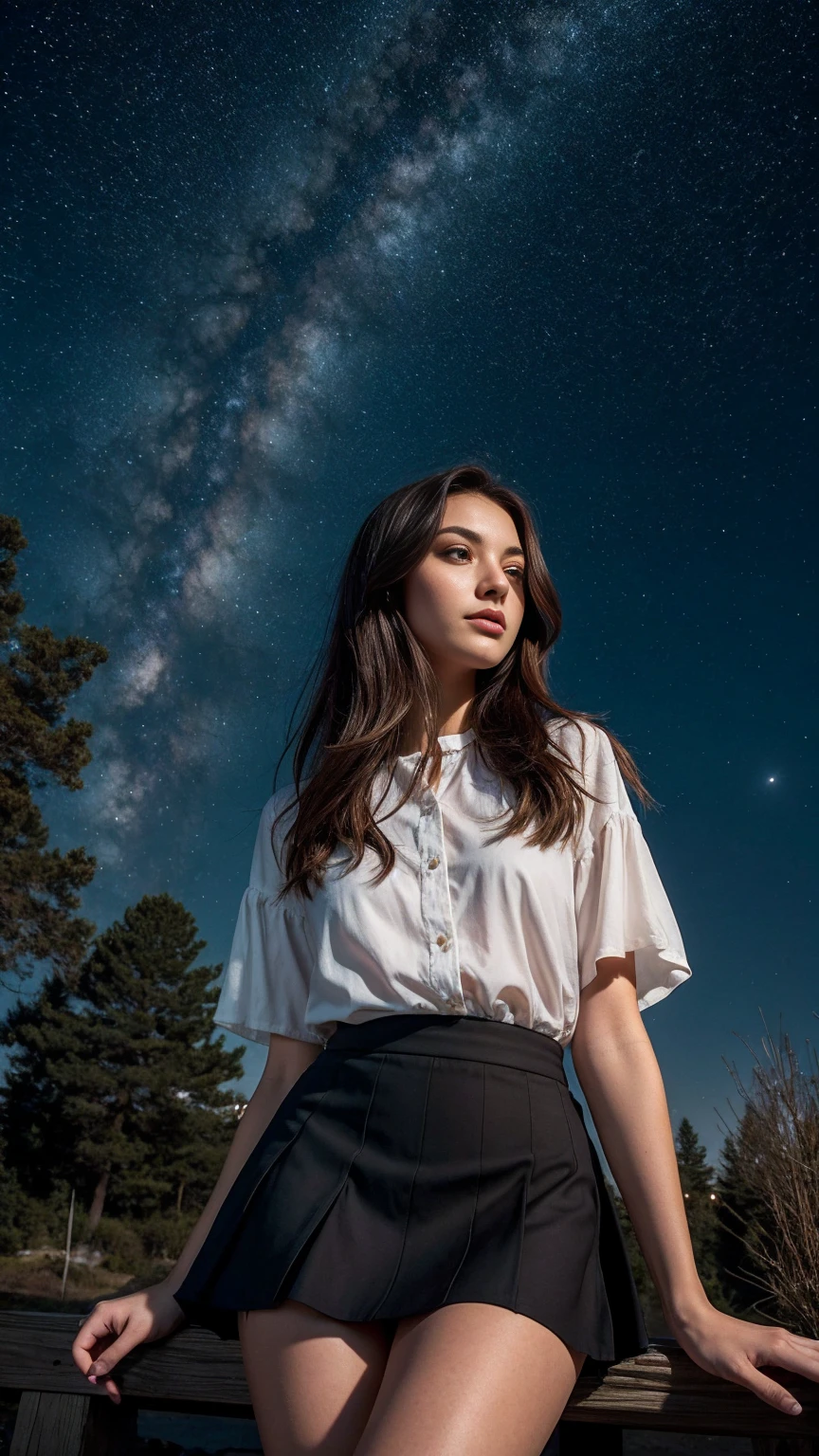 young woman: beautiful, young, with expressive eyes and pleasant facial features. Dressed in a short skirt, which highlights her slender legs. Her clothes and appearance can be elegant, sporty or casual - depending on your idea. atmosphere: Mysterious atmosphere. Sky with strong nebula, creating a feeling of depth and mysticism. Maybe, presence of additional elements, such as: Dark forest Old town Stars Surreal elements Feeling of mysticism and magic Additional details: lighting: Soft, scattered, Maybe, from lanterns or stars. outside: young woman может стоять, sit, thoughtfully, or look in the mirror. emotions: reverie, tenderness, reverie, a secret.