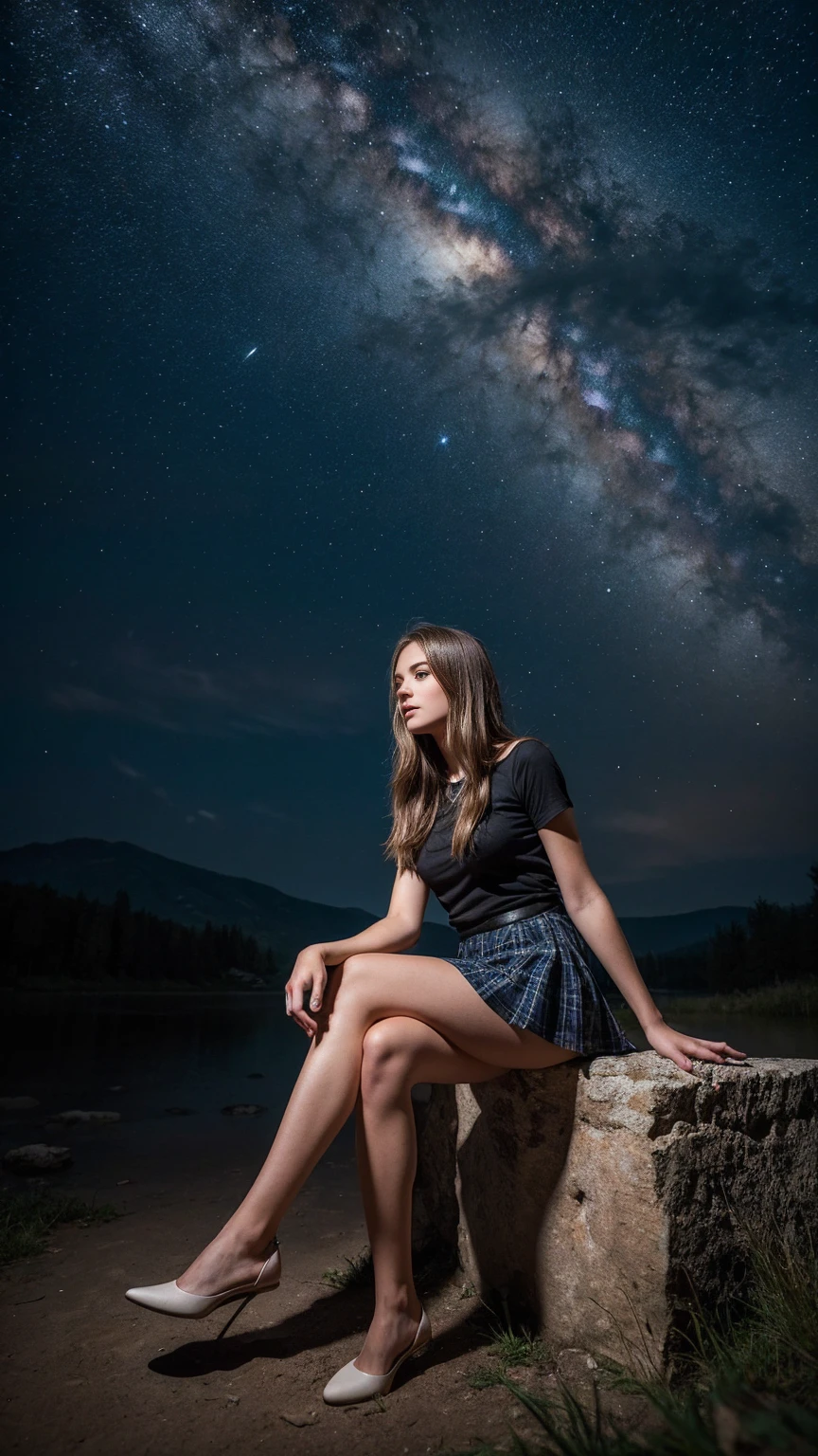 young woman: beautiful, young, with expressive eyes and pleasant facial features. Dressed in a short skirt, which highlights her slender legs. Her clothes and appearance can be elegant, sporty or casual - depending on your idea. atmosphere: Mysterious atmosphere. Sky with strong nebula, creating a feeling of depth and mysticism. Maybe, presence of additional elements, such as: Dark forest Old town Stars Surreal elements Feeling of mysticism and magic Additional details: lighting: Soft, scattered, Maybe, from lanterns or stars. outside: young woman может стоять, sit, thoughtfully, or look in the mirror. emotions: reverie, tenderness, reverie, a secret.