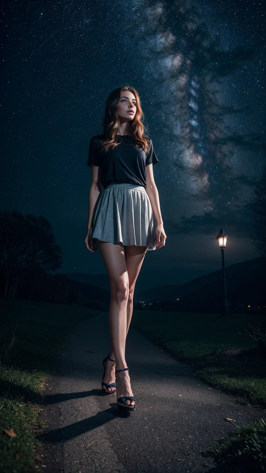 young woman: beautiful, young, with expressive eyes and pleasant facial features. Dressed in a short skirt, which highlights her slender legs. Her clothes and appearance can be elegant, sporty or casual - depending on your idea. atmosphere: Mysterious atmosphere. Sky with strong nebula, creating a feeling of depth and mysticism. Maybe, presence of additional elements, such as: Dark forest Old town Stars Surreal elements Feeling of mysticism and magic Additional details: lighting: Soft, scattered, Maybe, from lanterns or stars. outside: young woman может стоять, sit, thoughtfully, or look in the mirror. emotions: reverie, tenderness, reverie, a secret.