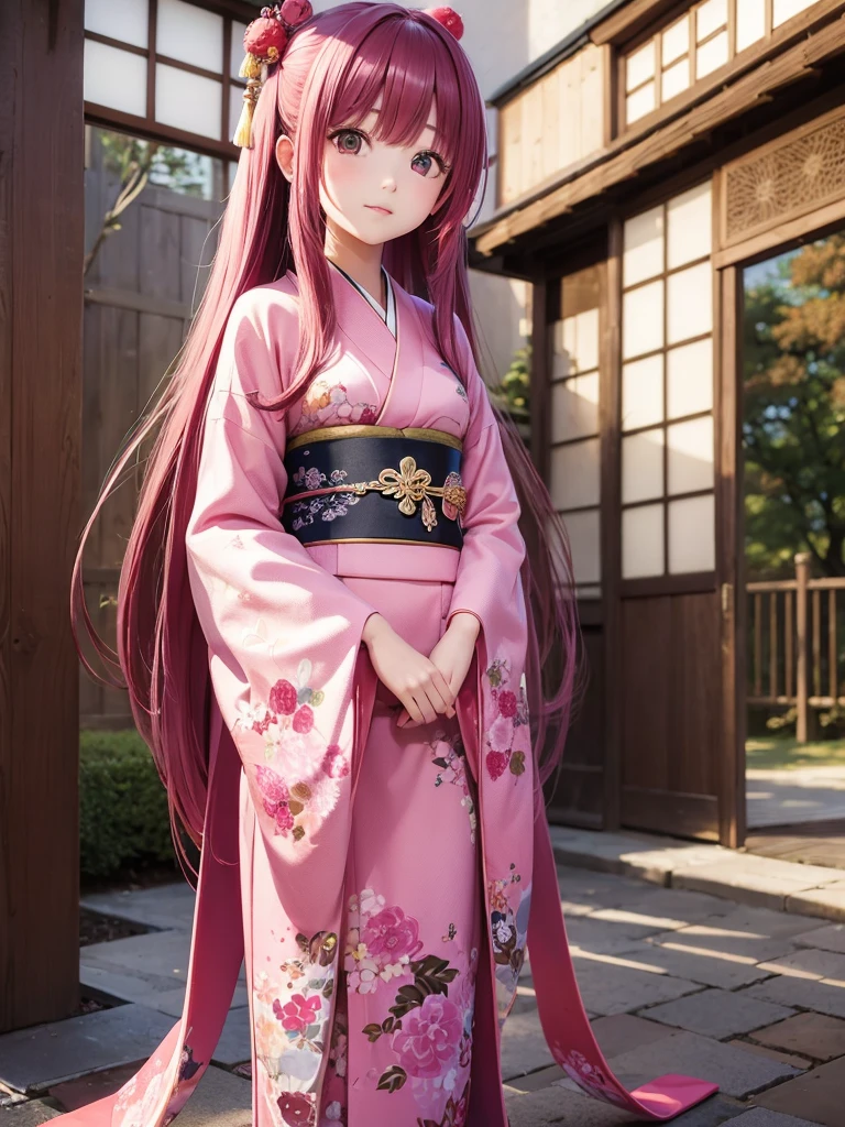 A beautiful Japanese girl with long hair, pink hair, large eyes, innocent atmosphere, kimono-like outfit