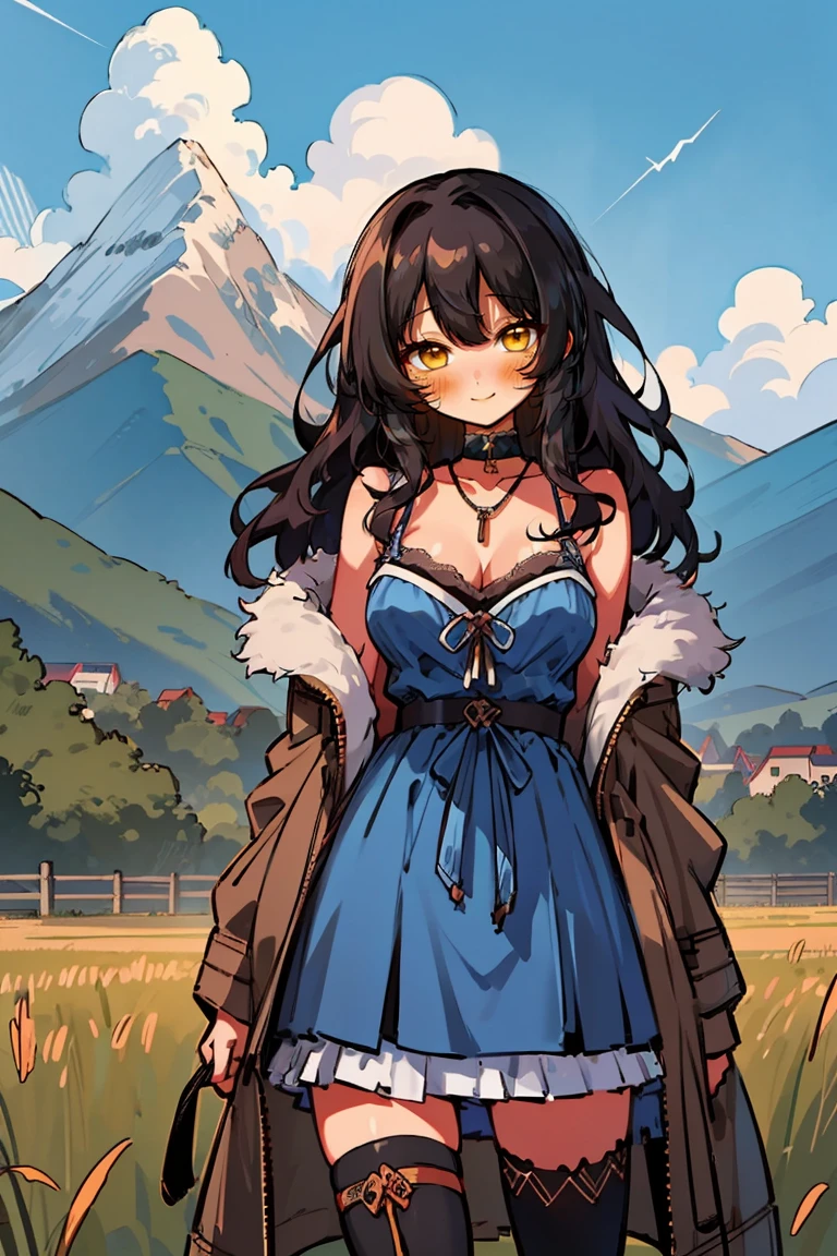 (masterpiece:1.2), (high quality:1.2), hui xiyi, rekkyo sensen, rekkyou sensen, (long wavy hair, one side up:1.54), solo focus, hand up, waving, girls with((black hair, bare shoulders, breasts,choker, cleavage,coat,collar,collarbone,cowboy shot, dress, blue clothes, frills, fur, fur collar, fur trim, hood down, hooded jacket, hoodie, jacket, large breasts, long hair, long sleeves, belt, suspenders, medium breasts, medium hair, necklace, open clothes, open hoodie, sleeveless, solo, winter clothes, zipper, white thighhigh, thighhigh)), background with ((architecture, blue sky, bush, castle, village, no humans, cloud, cloudy sky, day, fence, field, garden, grass, hill, house, lamppost, landscape, mountain, mountainous horizon, nature, no humans, outdoors, scenery, shrine, sky, tower))
