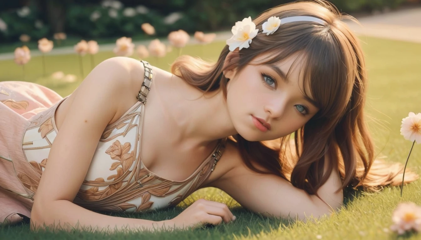 (Cinematic photo, fcing the viewer:1.3) From (Thigh-length photos:1.3),(slim:1.2), ((light summer dress, flower pattern)) Beautiful 18 year old girl lying on the grass, (complex brown hair), Highly detailed texture кожи, realistic texture кожи, spread legs, looks straight into the camera, (looks at the viewer) ), pout, small breasts, small buttocks, Shine, Dramatic, Dreamy, pastelный цветочный сад, elegant, strange, gentle, Highly detailed, difficult, UHD Digital Photography, Fantasy theme, narrow shoulders, spread legs, Photo to the knees , beautiful young girl, Beautiful body, highly detailed full-length shot, Dreamy, pastel, watercolor, strange, gentle, detailed hair band, Highly detailed texture, realistic texture, digital painting, highly detailed photo, (art deco: 1 .хFromоралFromм:1.3),(Classic realotm:1.3),(Fujifilm Superia:1.3),, golden hour light, ((BELLYBUTTON))