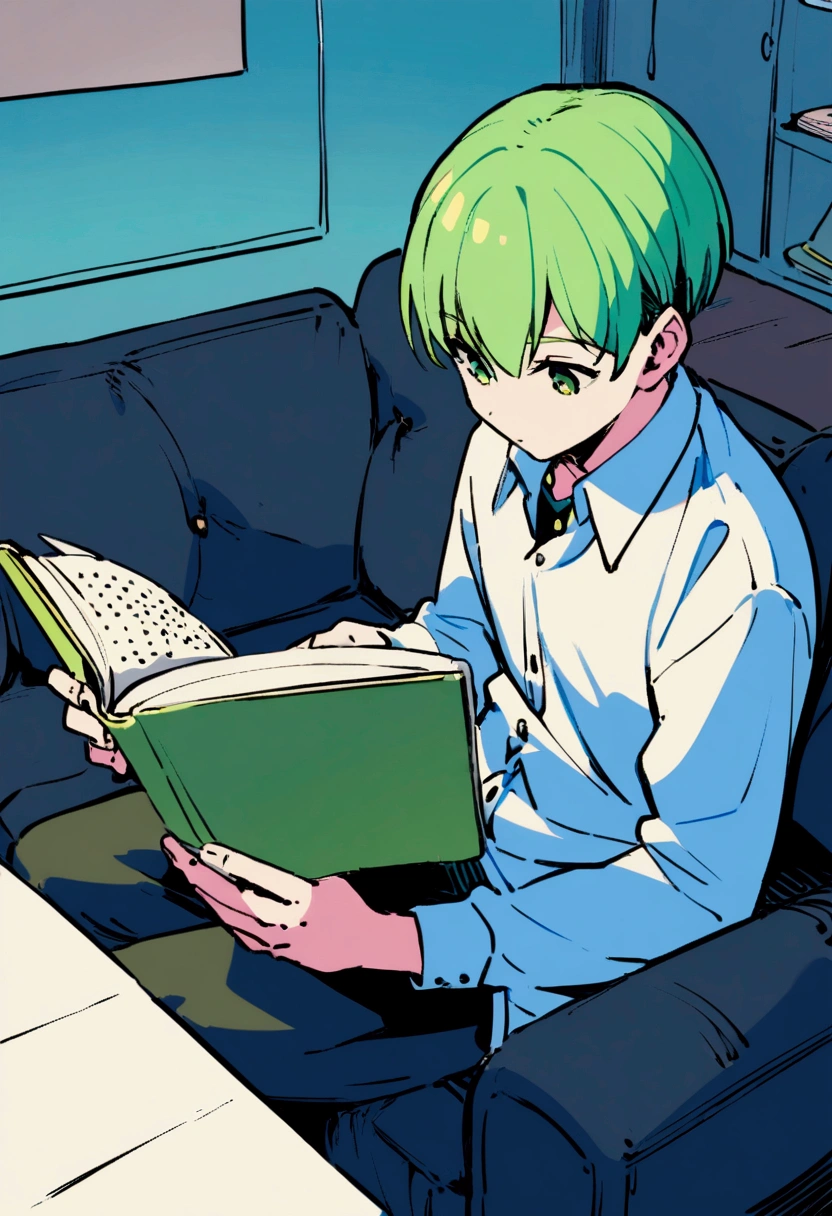 2 boys, 16 years, green hair, sitting on the couch, reading, in room