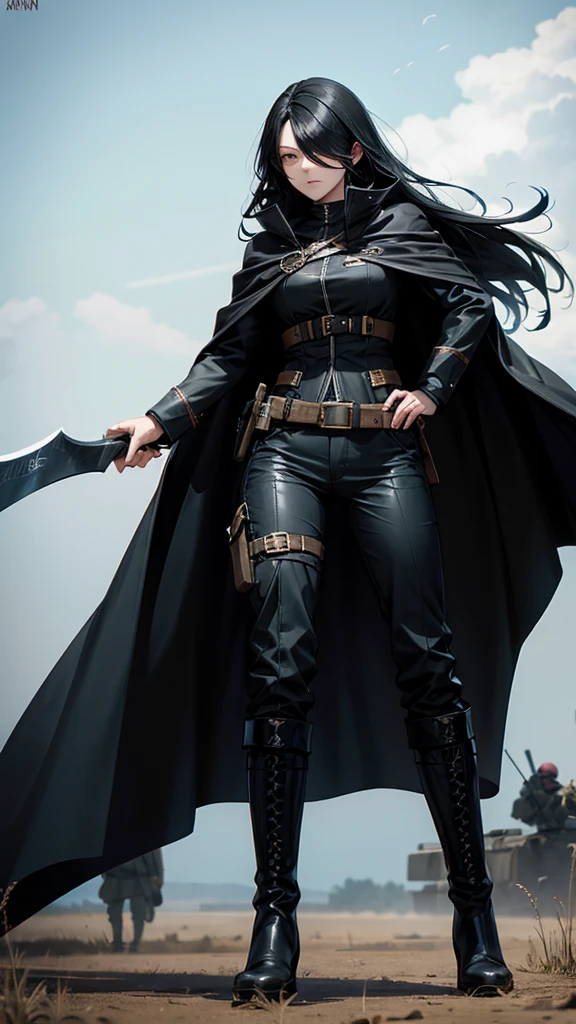 One-eyed adult woman with long black hair,Black cape,,trousers,boots,big ax,army battlefield