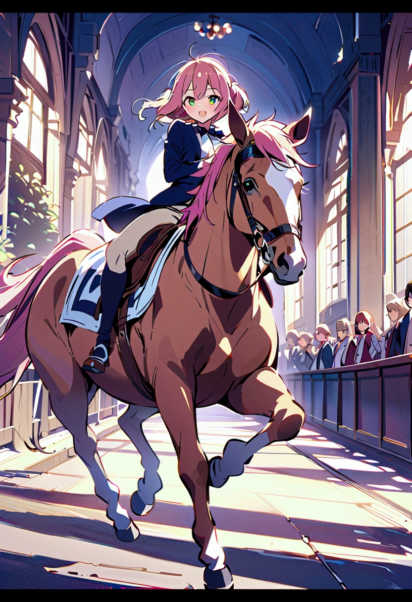 horse、Front legs high、Neigh、Pink haired girl、