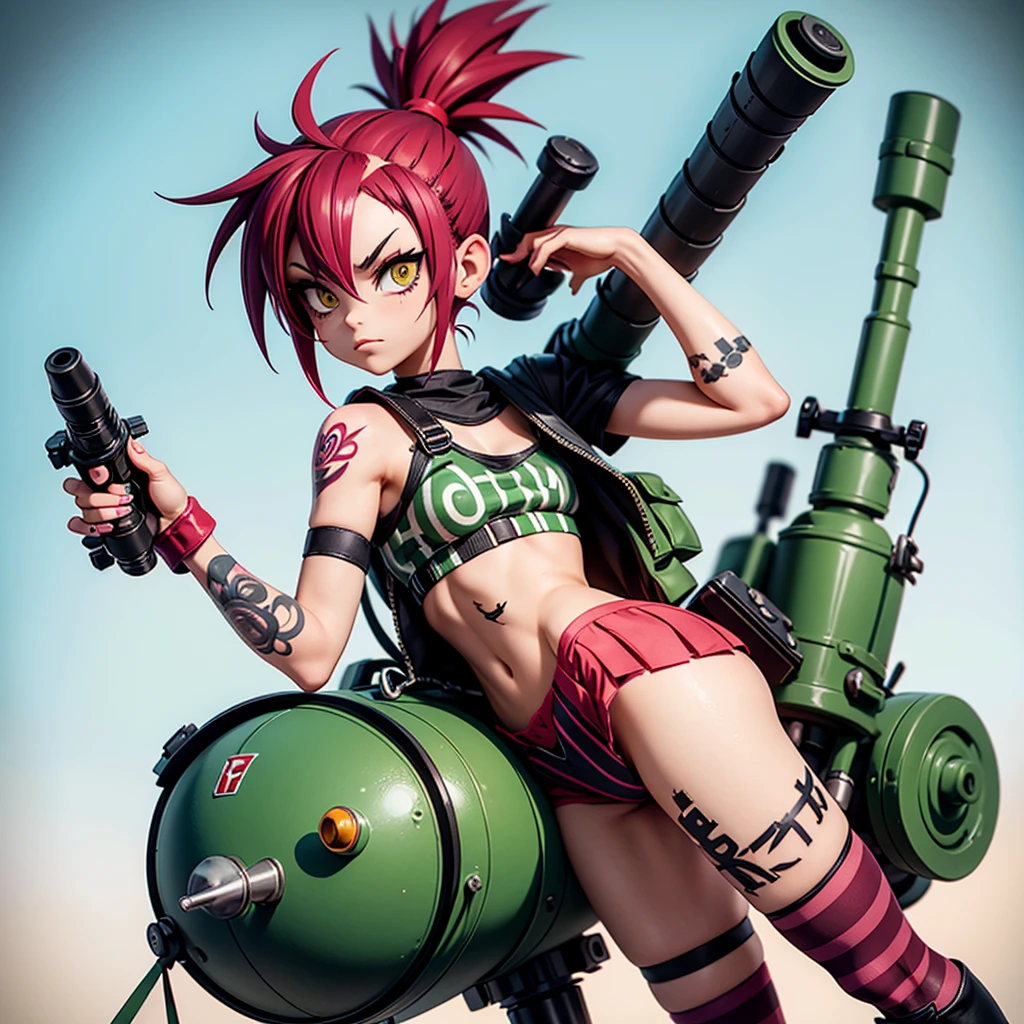 girl similar to gorillaz noodle, ((drawing)) , with a red mohawk, multiple tattoos and scars. She is wearing only underwear, striped knee-high socks, and black boots. The character is carrying a large green rocket launcher on her shoulders, with a small toy tank at her feet. She also holds a dangling pink doll in one hand. The background is a solid yellowish color with a worn and aged appearance, giving the image a retro style. a touch of humor and quirky elements."