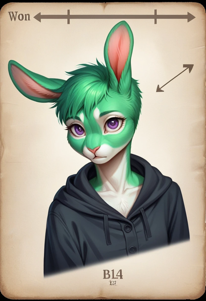 Masterpiece,(Best Quality,Superior quality,8k),illustration,chart,detailed eyes and face,(1 girl),vejar,(green fur,short hair),(black pajamas,neckline:1.2),purple eyes,black hood,rabbit ears, Pretty girl, skin beauty, ultra high resolution, photo and gross, ultra detailed , detailed body , detailed eyes and face , (looking at the viewer ),(swollen eyes) ,good contrast , high sharpness,(gorgeous),realist,raw photography,(hyperdetailed:1.2)
