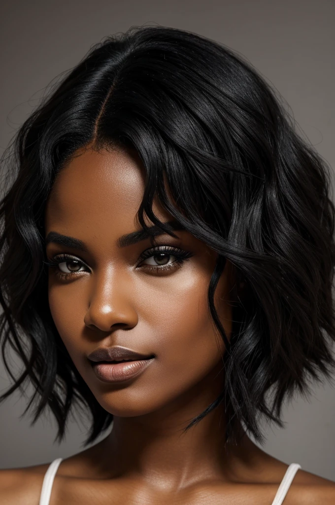 lovely woman, black wavy bob hair, Portugese, yeux noirs, dark skin, photo 8k UHD, visage de face