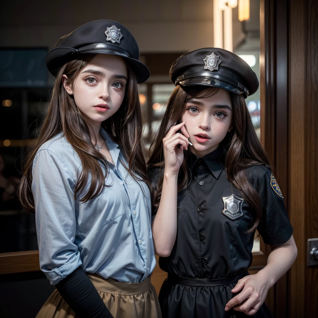 a man of 1.80cm with the appearance of Alejandro Speitzer dressed as a police officer with a cigarette in his hand and the other hand on the waist of a girl of 1.70 cm with the appearance of Sabrina Carpenter with long brown hair, a black dress and with the tongue sticking out, a blue heart-shaped sweet on the tongue 
