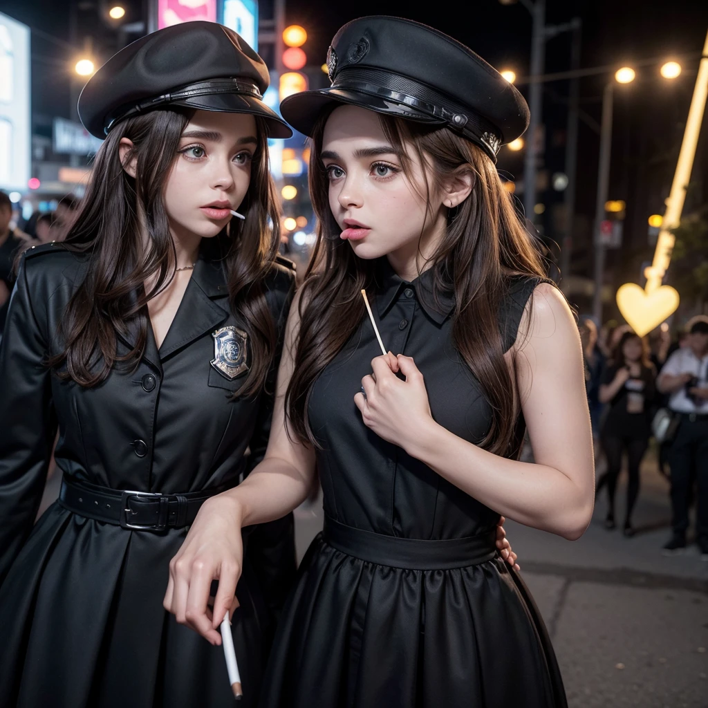 a man of 1.80cm with the appearance of Alejandro Speitzer dressed as a police officer with a cigarette in his hand and the other hand on the waist of a girl of 1.70 cm with the appearance of Sabrina Carpenter with long brown hair, a black dress and with the tongue sticking out, a blue heart-shaped sweet on the tongue